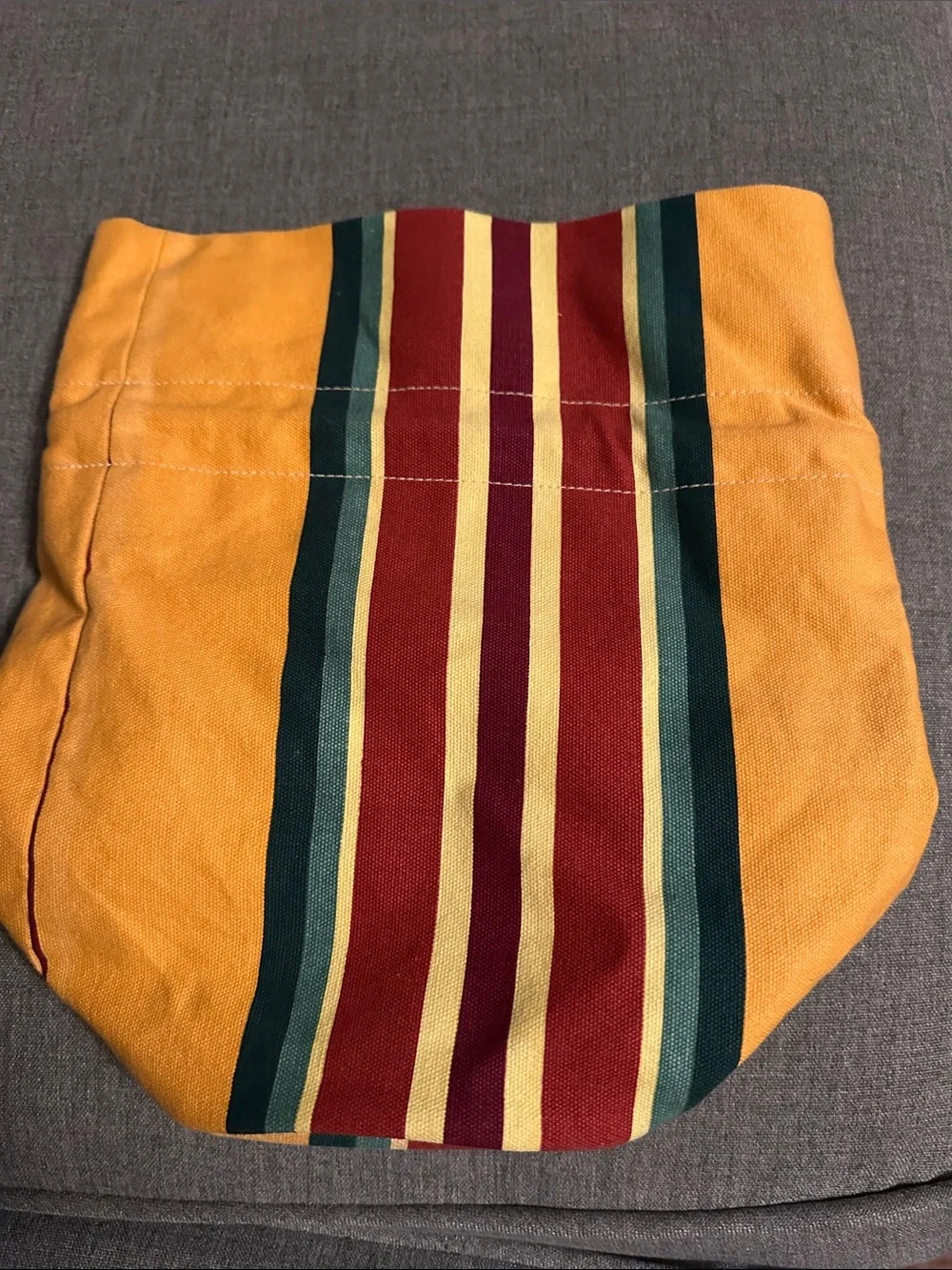 L'OCCITANE Red, Yellow & Burgundy Striped Drawstring Pouch Bucket Bag
